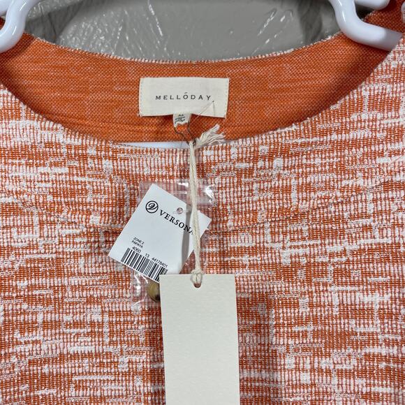 NWT Melloday Orange White Puff Sleeve Shoulder Button Woven Top Womens Sz Medium - Picture 3 of 5
